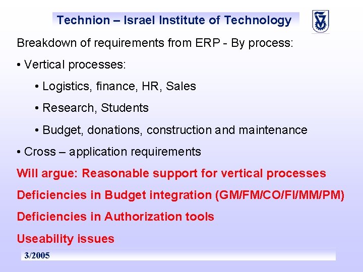 Technion – Israel Institute of Technology Breakdown of requirements from ERP - By process: