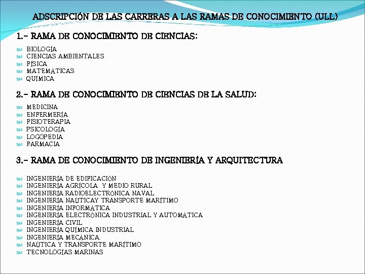ADSCRIPCIÓN DE LAS CARRERAS A LAS RAMAS DE CONOCIMIENTO (ULL) 1. - RAMA DE