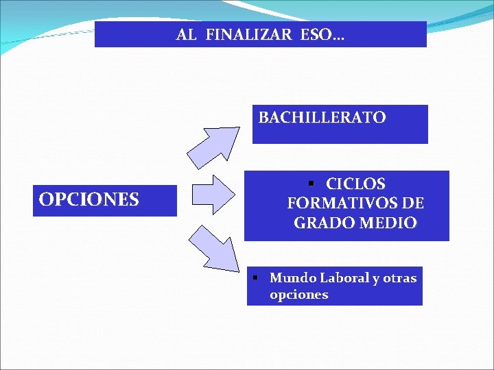 AL FINALIZAR ESO… BACHILLERATO OPCIONES CICLOS FORMATIVOS DE GRADO MEDIO Mundo Laboral y otras