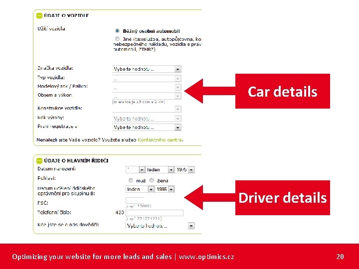 Car details Driver details Optimizing your website for more leads and sales | www.