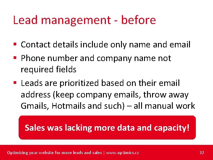Lead management - before § Contact details include only name and email § Phone