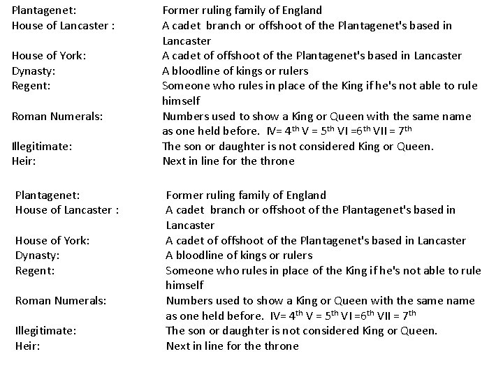 Plantagenet: House of Lancaster : House of York: Dynasty: Regent: Roman Numerals: Illegitimate: Heir: