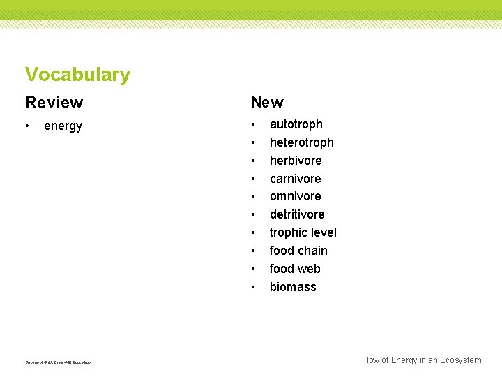 Vocabulary Review New • • • energy Copyright © Mc. Graw-Hill Education autotroph heterotroph