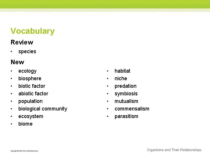 Vocabulary Review • species New • • ecology biosphere biotic factor abiotic factor population