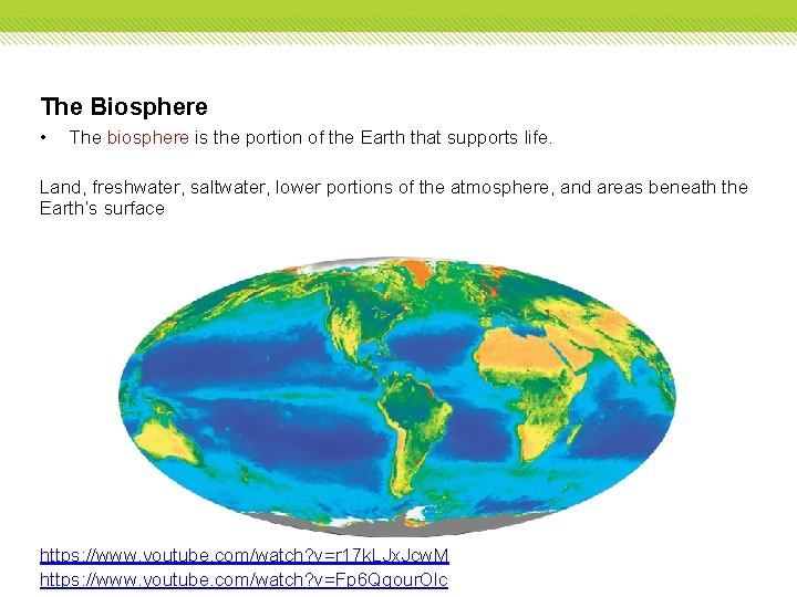 The Biosphere • The biosphere is the portion of the Earth that supports life.