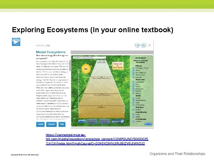Exploring Ecosystems (In your online textbook) https: //connected. mcgrawhill. com/media/repository/protected_content/COMPOUND/50000025 /14/14/index. html? mgh. Course.