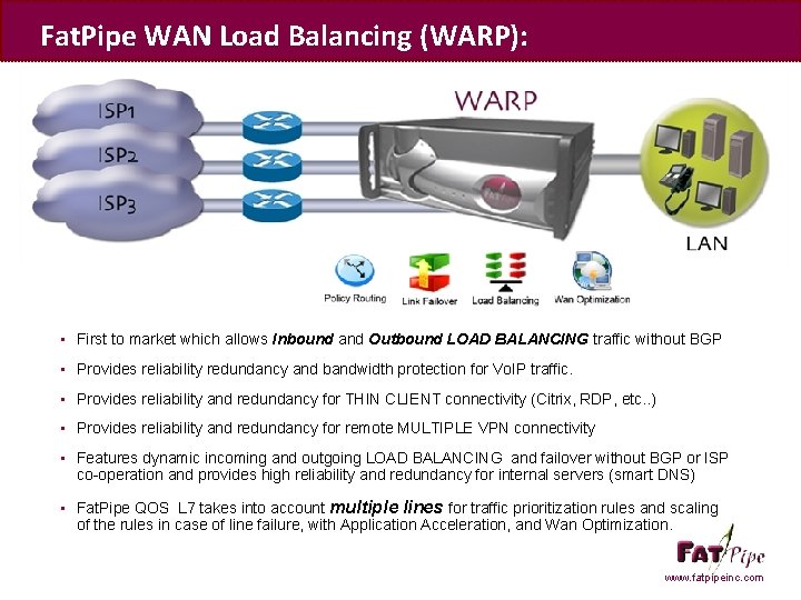 Fat. Pipe WAN Load Balancing (WARP): • First to market which allows Inbound and