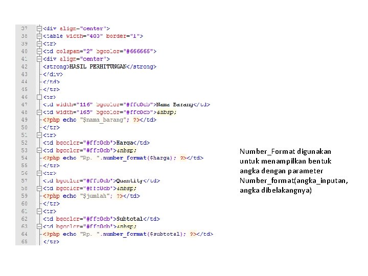 Number_Format digunakan untuk menampilkan bentuk angka dengan parameter Number_format(angka_inputan, angka dibelakangnya) 