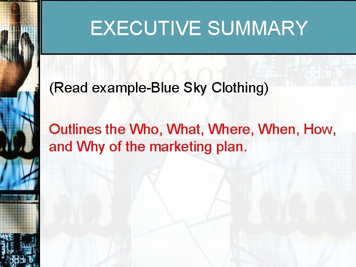 EXECUTIVE SUMMARY (Read example-Blue Sky Clothing) Outlines the Who, What, Where, When, How, and