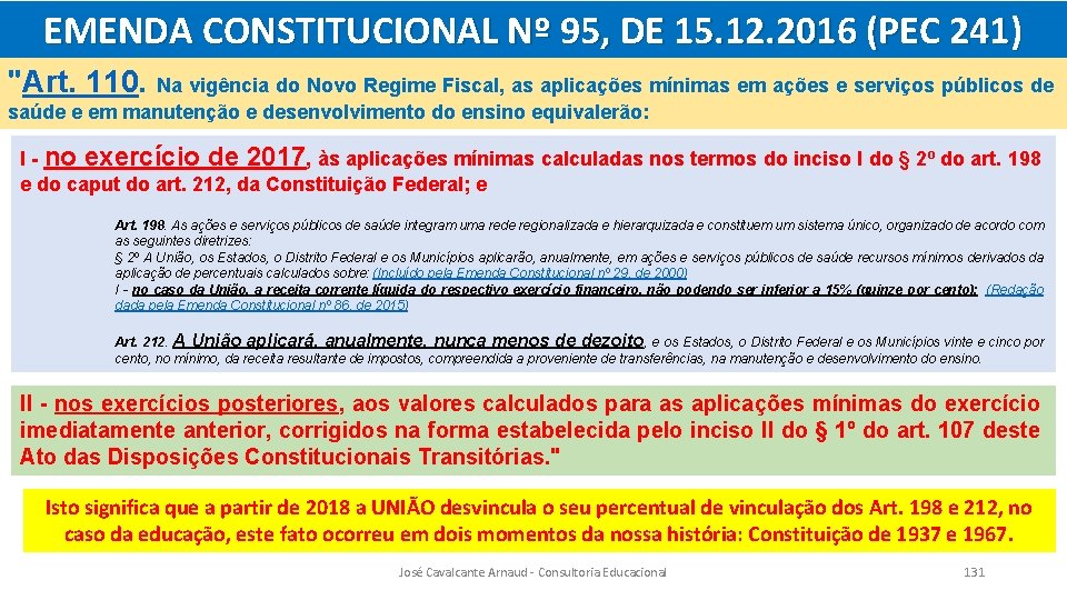 EMENDA CONSTITUCIONAL Nº 95, DE 15. 12. 2016 (PEC 241) "Art. 110. Na vigência