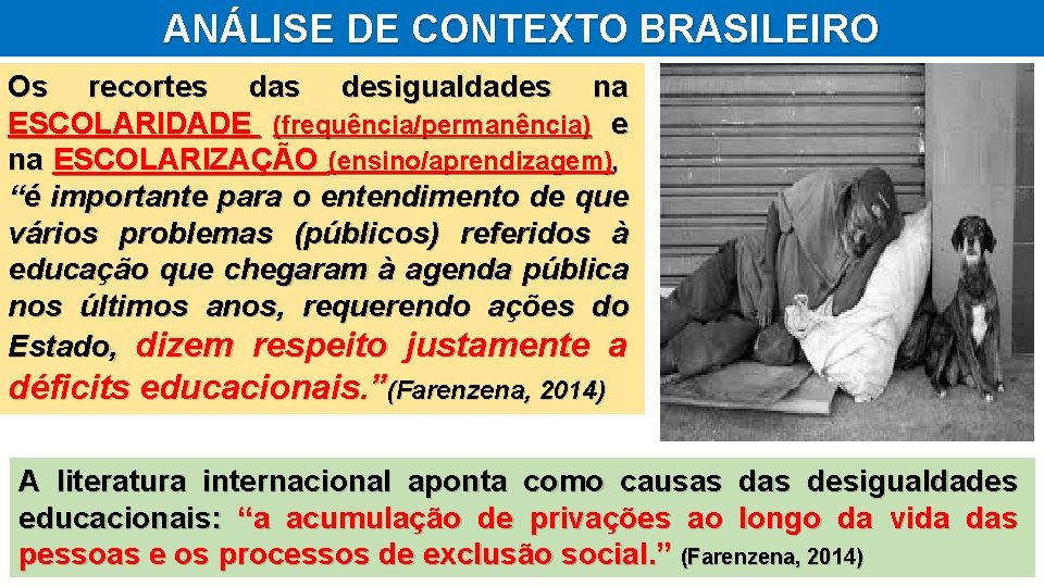 ANÁLISE DE CONTEXTO BRASILEIRO Os recortes das desigualdades na ESCOLARIDADE (frequência/permanência) e na ESCOLARIZAÇÃO