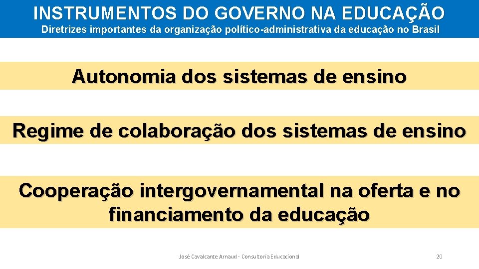 INSTRUMENTOS DO GOVERNO NA EDUCAÇÃO Diretrizes importantes da organização político-administrativa da educação no Brasil