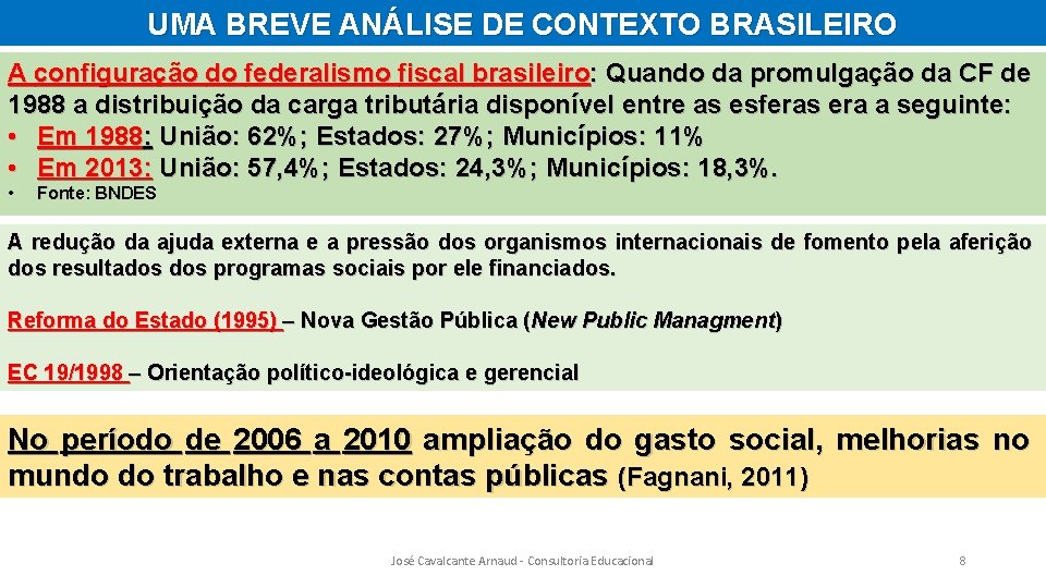 UMA BREVE ANÁLISE DE CONTEXTO BRASILEIRO A configuração do federalismo fiscal brasileiro: Quando da