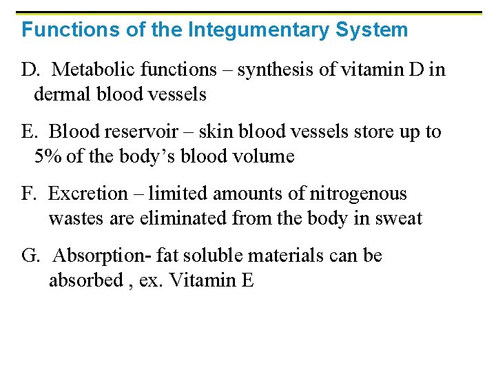 Functions of the Integumentary System D. Metabolic functions – synthesis of vitamin D in