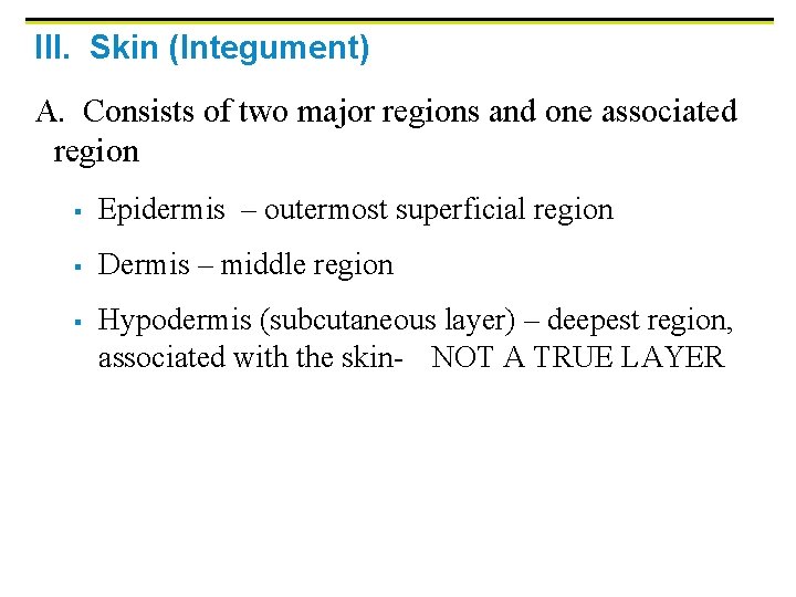 III. Skin (Integument) A. Consists of two major regions and one associated region §