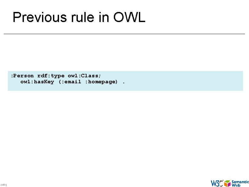 Previous rule in OWL : Person rdf: type owl: Class; owl: has. Key (: