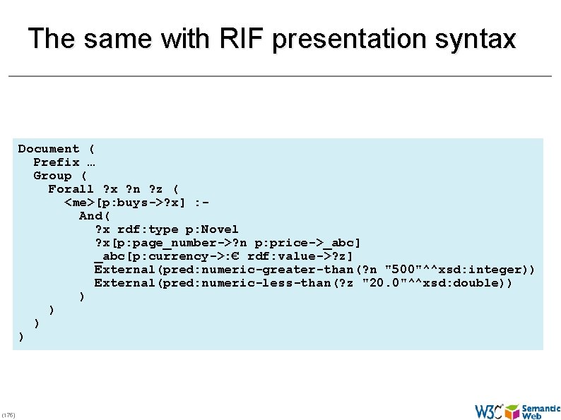The same with RIF presentation syntax Document ( Prefix … Group ( Forall ?