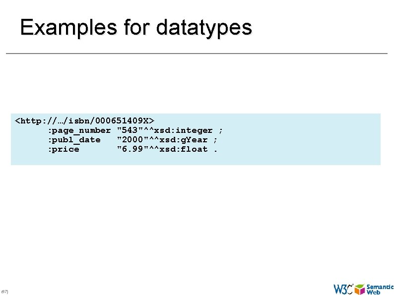 Examples for datatypes <http: //…/isbn/000651409 X> : page_number "543"^^xsd: integer ; : publ_date "2000"^^xsd: