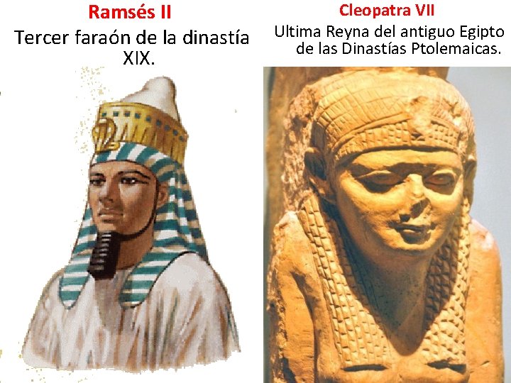Ramsés II Tercer faraón de la dinastía XIX. Cleopatra VII Ultima Reyna del antiguo