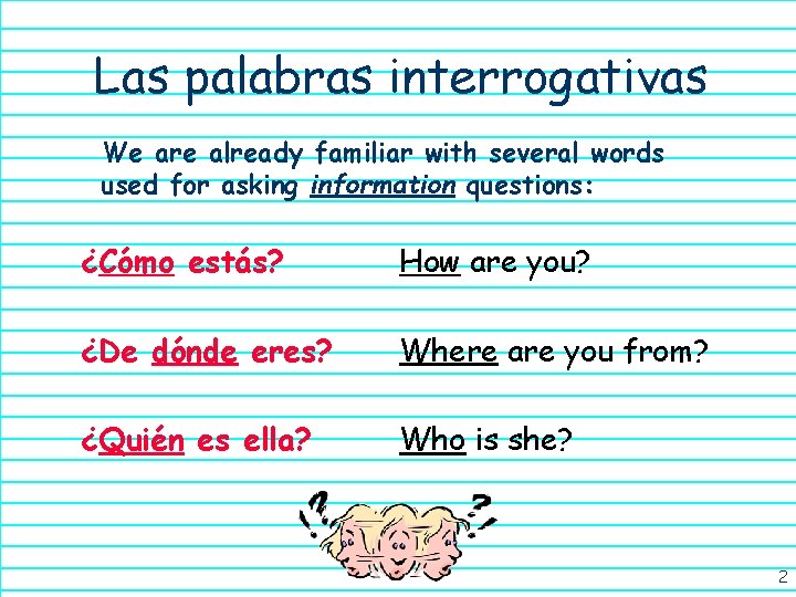 Las palabras interrogativas We are already familiar with several words used for asking information