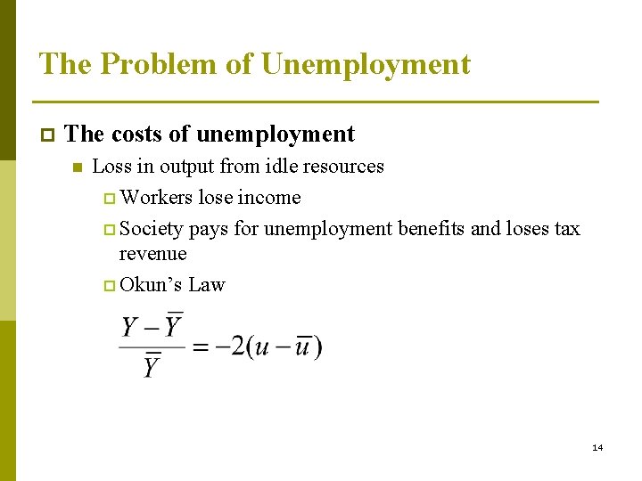 The Problem of Unemployment p The costs of unemployment n Loss in output from