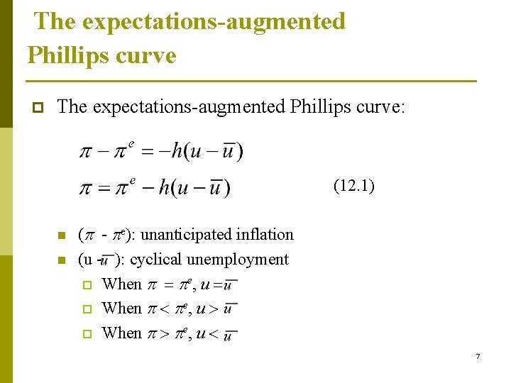 The expectations-augmented Phillips curve p The expectations-augmented Phillips curve: (12. 1) n n (