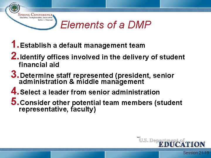Elements of a DMP 1. Establish a default management team 2. Identify offices involved