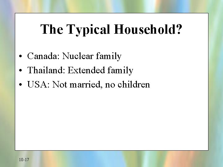The Typical Household? • Canada: Nuclear family • Thailand: Extended family • USA: Not