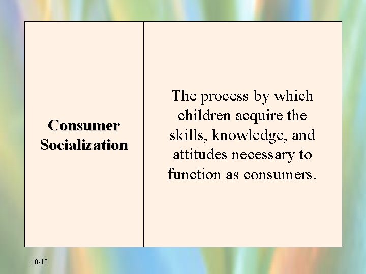 Consumer Socialization 10 -18 The process by which children acquire the skills, knowledge, and