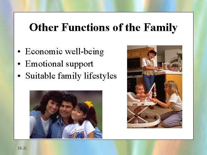 Other Functions of the Family • Economic well-being • Emotional support • Suitable family