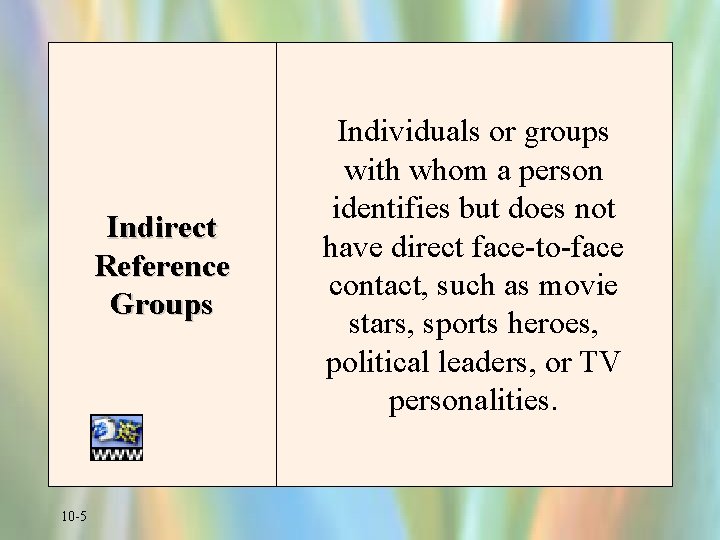 Indirect Reference Groups 10 -5 Individuals or groups with whom a person identifies but