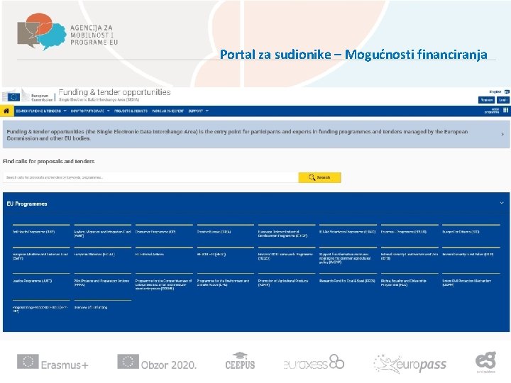 Portal za sudionike – Mogućnosti financiranja 