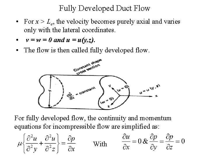 Fully Developed Duct Flow • For x > Le, the velocity becomes purely axial