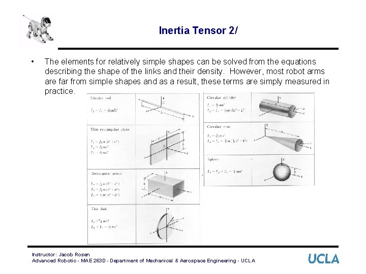 Inertia Tensor 2/ • The elements for relatively simple shapes can be solved from