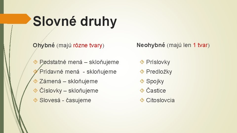 Slovné druhy Ohybné majú rôzne tvary Neohybné majú len 1 tvar Podstatné mená –