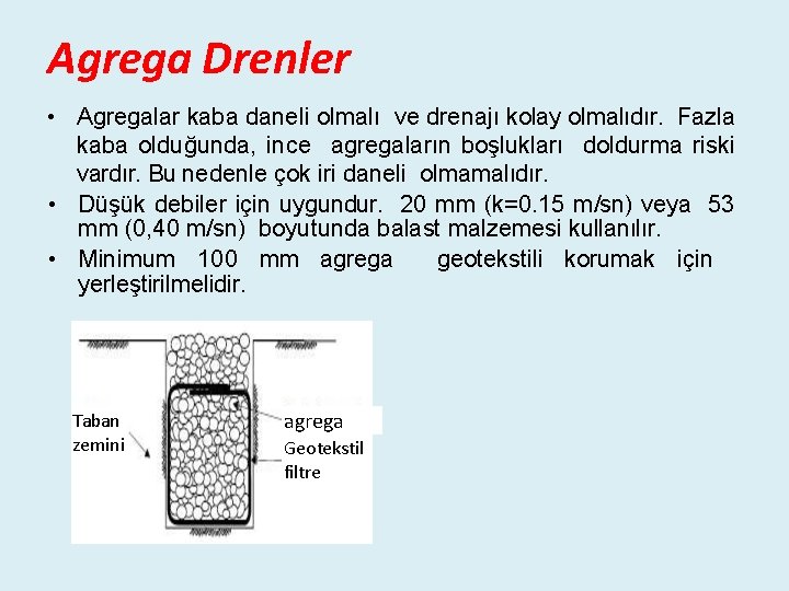 Agrega Drenler • Agregalar kaba daneli olmalı ve drenajı kolay olmalıdır. Fazla kaba olduğunda,