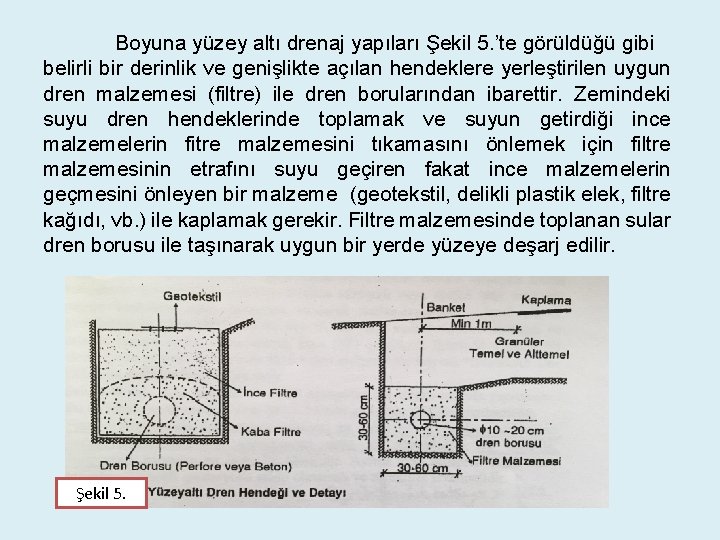 Boyuna yüzey altı drenaj yapıları Şekil 5. ’te görüldüğü gibi belirli bir derinlik ve