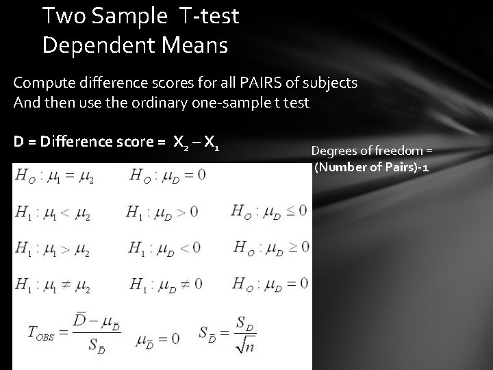 Two Sample T-test Dependent Means Compute difference scores for all PAIRS of subjects And