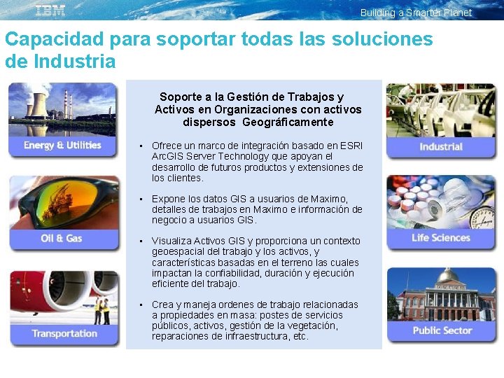 Building a Smarter Planet Capacidad para soportar todas las soluciones de Industria Soporte a
