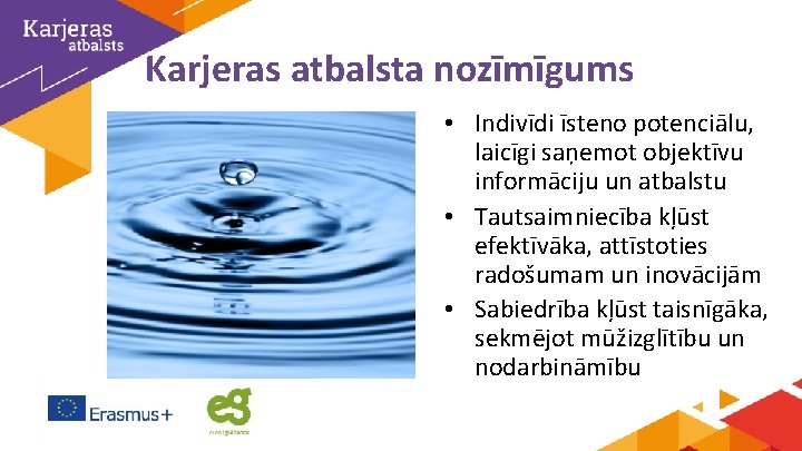 Karjeras atbalsta nozīmīgums • Indivīdi īsteno potenciālu, laicīgi saņemot objektīvu informāciju un atbalstu •