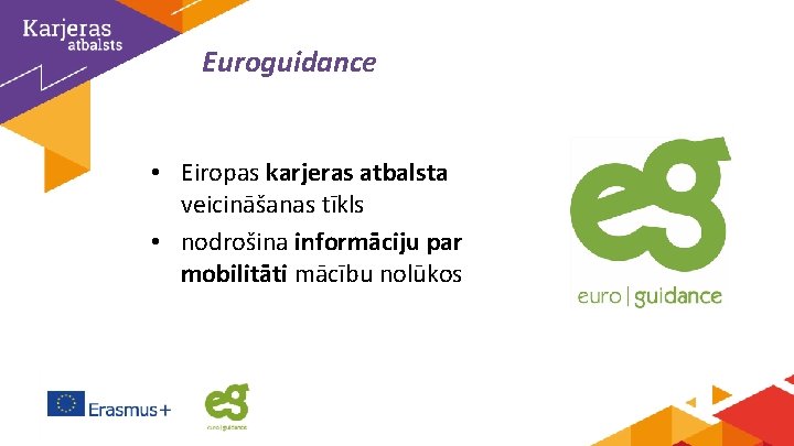 Euroguidance • Eiropas karjeras atbalsta veicināšanas tīkls • nodrošina informāciju par mobilitāti mācību nolūkos