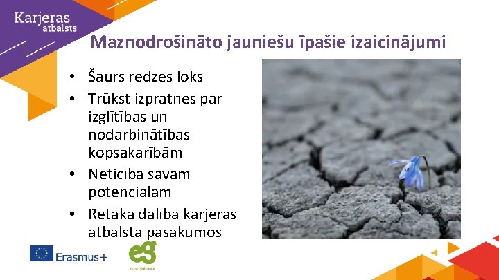 Maznodrošināto jauniešu īpašie izaicinājumi • Šaurs redzes loks • Trūkst izpratnes par izglītības un