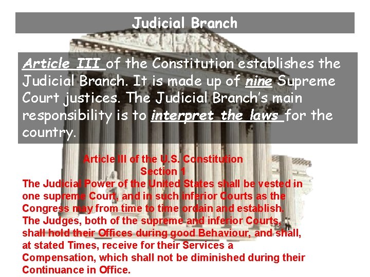 Judicial Branch Article III of the Constitution establishes the Judicial Branch. It is made