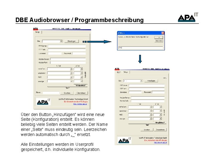 DBE Audiobrowser / Programmbeschreibung Über den Button „Hinzufügen“ wird eine neue Seite (Konfiguration) erstellt.