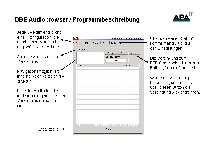 DBE Audiobrowser / Programmbeschreibung Jeder „Reiter“ entspricht einer Konfiguration, die durch einen Mausklick angewählt