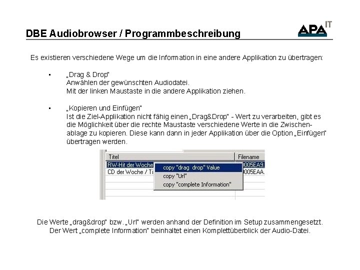 DBE Audiobrowser / Programmbeschreibung Es existieren verschiedene Wege um die Information in eine andere