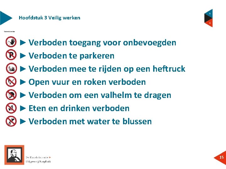 Hoofdstuk 3 Veilig werken ► Verboden toegang voor onbevoegden ► Verboden te parkeren ►