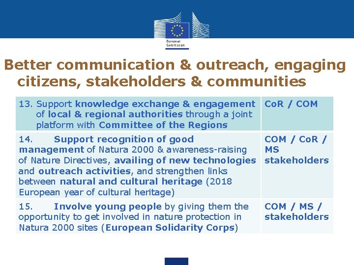 Better communication & outreach, engaging citizens, stakeholders & communities 13. Support knowledge exchange &