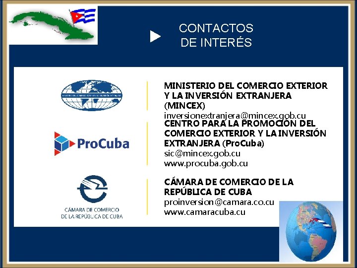 CONTACTOS DE INTERÉS MINISTERIO DEL COMERCIO EXTERIOR Y LA INVERSIÓN EXTRANJERA (MINCEX) inversionextranjera@mincex. gob.