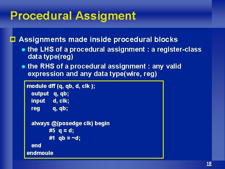 Procedural Assigment p Assignments made inside procedural blocks the LHS of a procedural assignment